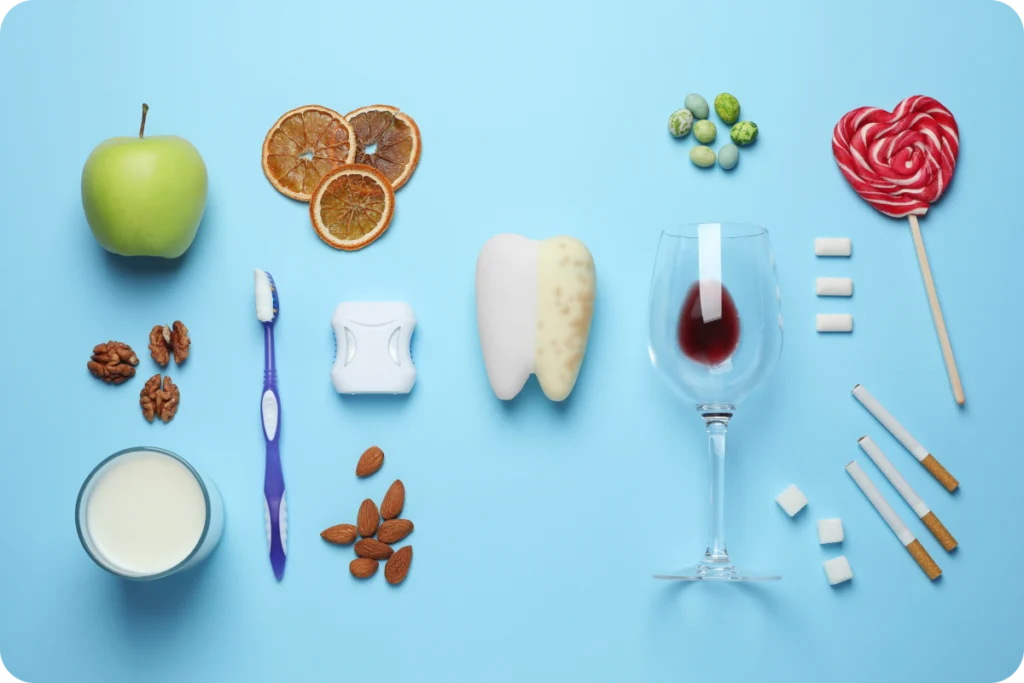 Aliments et objets illustrant l'hygiène et la santé dentaire