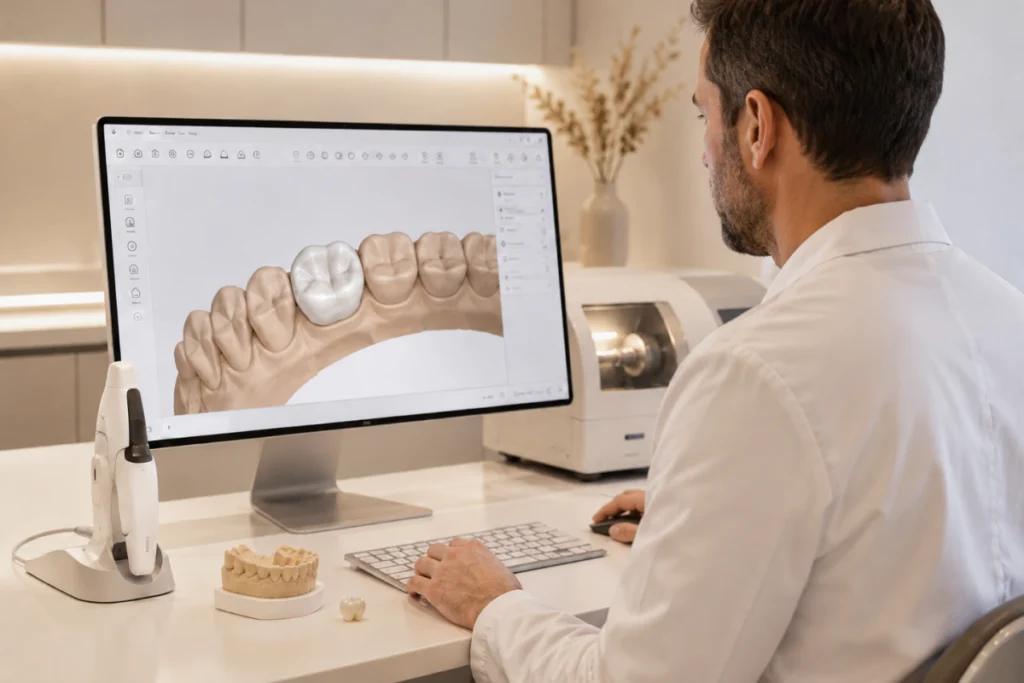 Praticien utilisant un scanner intra-oral et un logiciel de conception numérique