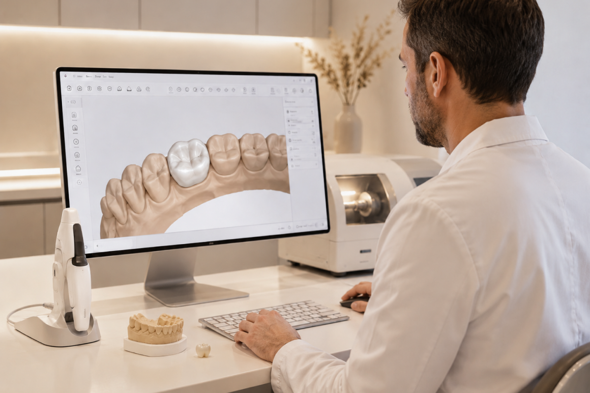 Praticien utilisant un scanner intra-oral et un logiciel de conception numérique